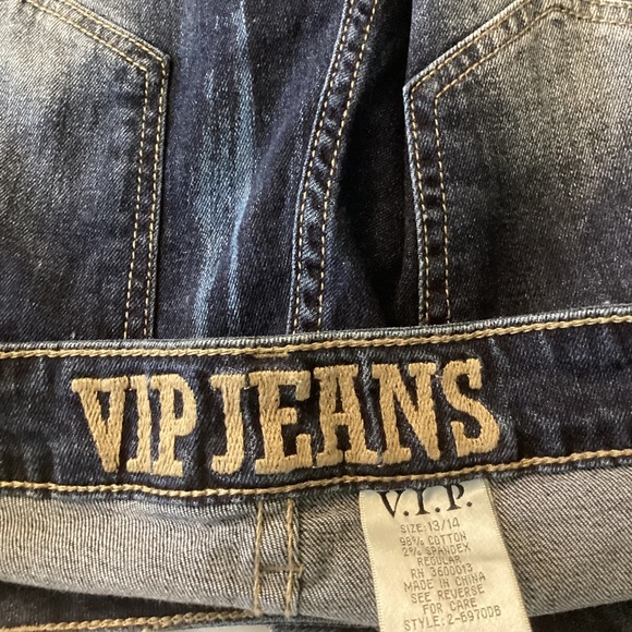 VIP DISTRESSED REPAIR DENIM SHORTS  ( Size: 13/14) ( Multi Color Blu)  PREOWNED - Picture 4 of 4